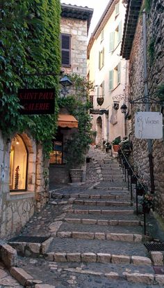 an alleyway with stone steps and ivy growing up the side of it, surrounded by buildings