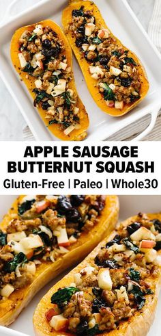 This stuffed butternut squash is filled with apple, sausage, and kale. It's an easy and healthy fall recipe that serves as the perfect dinner idea! #butternutsquash #applesausage #butternutsquashrecipe #fallrecipe Autumn Dinner Ideas, Sausage Stuffed Butternut Squash, Sausage Butternut Squash, Stuffed Butternut Squash, Stuffed Butternut, Sausage And Kale, Autumn Dinner, Apple Sausage, Fall Recipes Healthy