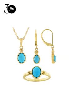 8x6mm, 6x4mm Blue Oval Sleeping Beauty Turquoise With 0.02ctw Round White Diamond 18k Yellow Gold Over Sterling Silver Jewelry Set. Ring Measures Approximately 0.85"L x 0.38"W. Not Sizeable Pendant Measures Approximately  0.85"L x 0.32"W. Earrings Measures Approximately 1.03"L x 0.23"W. Leverback. Silver Jewelry Set, Silver Jewellery Sets, Set Ring, Sleeping Beauty Turquoise, White Diamond, Jewelry Set, Sterling Silver Jewelry, Sleeping Beauty, Silver Jewelry