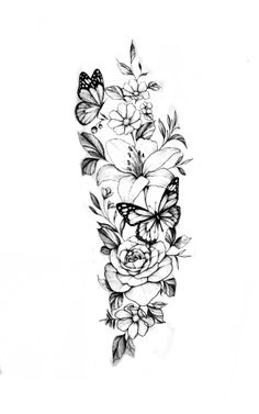 a black and white drawing of flowers with butterflies