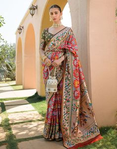 Type: Saree Saree Color: Red  Blouse Color: Olive Green Saree Length: 5.5 Mtrs Blouse Length: 0.80 Mtr Fabric: Paithani Silk Work: Zari Weaving Care Instruction: Hand Wash Product Code: 59811 Olive Green Saree, Green Saree, Red Blouse