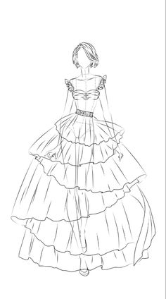 a drawing of a woman in a dress with long sleeves and ruffles on the skirt