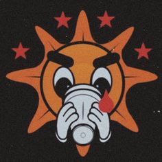 an orange and black logo with stars around it that has a face on the front