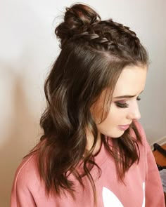 Braided Bun Hairstyles Half Up Half Down, Two Braids Into A Bun Half Up Half Down, Short Hair Hairstyles Homecoming, Braided Half Back Hairstyles, Prom Hairstyles Shoulder Length Curls, Meduim Length Hair, Braided Half Up Half Down Hair, Half Braided Hairstyles, Jess Conte