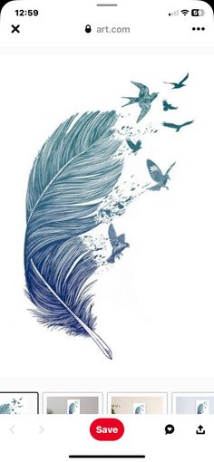 an image of a blue feather with birds flying around