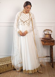 Classic White Anarkali Set Fabilicious Fashion - Fabilicious Fashion White Indian Outfit, Off White Anarkali, Anarkali Patterns, Dabka Work, White Anarkali, Suit With Dupatta, Sequence Embroidery, Anarkali Salwar, New Year Designs