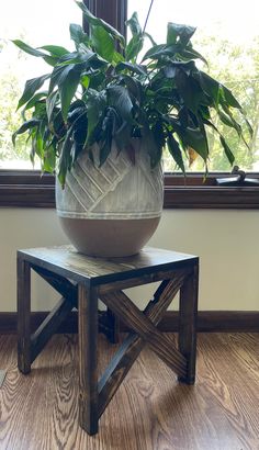 a large potted plant sitting on top of a wooden table next to a window