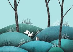 an illustration of a dog chasing a rabbit through the woods with trees in the foreground