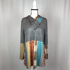 Soft, Light Printed Sweater Made Out Of Stretchy Material! Fits As A Shirt For Xl Or Can Be Worn As A Dress For Smaller Sizes. Never Worn Before! Tags Still On! Gray Patchwork Tops For Fall, Multicolor Long Sleeve Tops For Layering, Gray Long Sleeve Bohemian Top, Upcycling Clothing, Recycle Clothes, Sweater Making, Printed Sweater, Upcycle Clothes, Soft Light