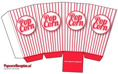 four red and white striped paper bags with the words pop corn on them