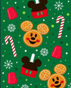 mickey mouse christmas wallpaper with candy canes and candies on green background,