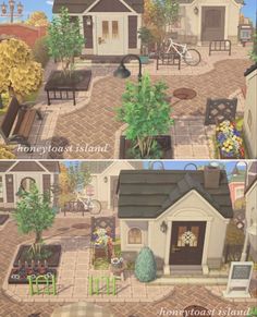 two pictures of the same house and garden