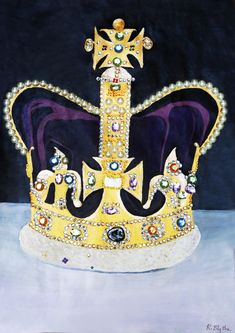 The 6th May 2023 will be remembered in history for the Coronation of King Charles 3rd. The symbols of the Crown, Sceptre and Orb  represent aspects of Royal power.   Stunning accuracy!  Acrylics.  Large = £52.00  Small = £42.60     Selected print is priced at 25%. This represents ST. EDWARD'S CROWN. This is the CROWN used at KING CHARLES'S CORONATION. It has 4 crosses - pattee 4 fleur de lys and 2 arches. A solid gold frame set with rubies, amethysts, sapphires, garnet, topazes and tourmalines. The CROWN has a velvet cap with an ermine band. Own a piece of history and art which captures the Majesty of Royalty. Every brushstroke captures its intricate patterns and delicate jewels in exquisite detail. Note the deep purples and radiant golds which evoke a sense of majesty and luxury Crown Cushion Craze, Trooping Of The Colour, Coronation Of King Charles, Fantasy Crown, King's Crown, Royal Crowns, Kings Crown, Precious Jewels, Green Gems