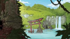 an image of a cartoon scene with a waterfall in the background