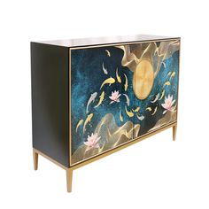 an artistic cabinet with flowers painted on it