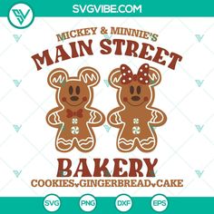 two teddy bears with bows on their heads and the words mickey and minnie's main street bakery cookies - gingerbread cake