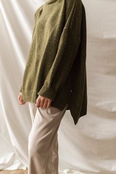 Our classic boucle knit jumper, with a roll neck and made from a 60% wool mix; perfect for layering in the chillier months. Features a flecked detail to the knit, an unbalanced hemline, dropped shoulder sleeves and a small Olive tab stitched to one side of the seam. The boucle is boxy in cut and is made for a relaxed and slouchy fit. Prom Outfit, Smart Outfit, Prom Outfits, Work Clothes, Fall Outfit