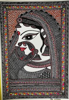 an art work depicting a woman's face in black, white and red colors