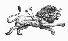 a black and white drawing of a lion with a banner on it's back