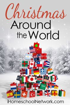 a christmas tree made out of flags with the words christmas around the world