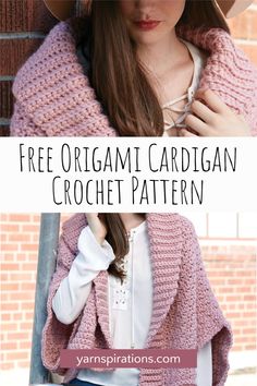 a woman wearing a pink crochet cardigan with text overlay that reads, free origami cardigan crochet pattern