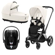 the baby stroller and car seat are both black and white