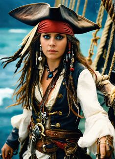 a woman dressed in pirate costume on the deck of a ship