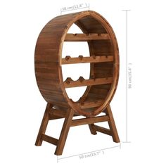 a wooden wine rack with three shelves on each side and one shelf in the middle