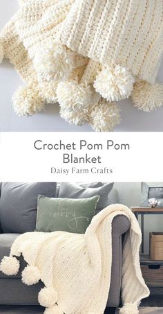 the crochet pom blanket is shown with text overlay