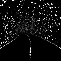 a tunnel with lots of white dots on the side and a black background that is very dark