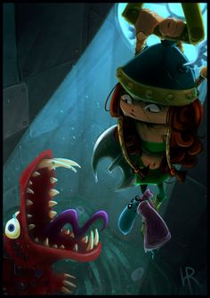 an image of a cartoon character in the water with a fish and another creature nearby