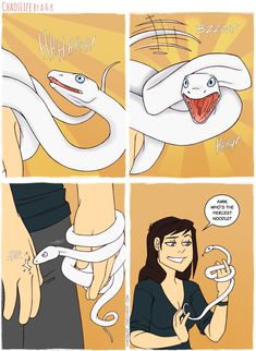 a comic strip with an image of a woman holding a snake in her hand and another cartoon