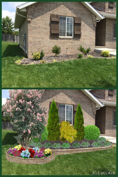 two pictures of a brick house with flowers in the front yard and landscaping around it