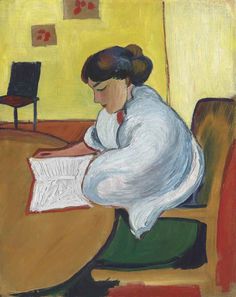 a painting of a woman sitting at a table with a book in her lap and writing