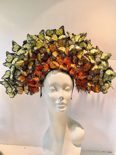 Witch Dance, Butterfly Fascinator, Orange Fascinators, Butterfly Headpiece, Butterfly Hat, Tea Hats, Ladies Luncheon, Yellow Feathers, Fascinator Headband