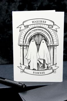 a greeting card with two ghost figures in front of an arch and banner that says together forever