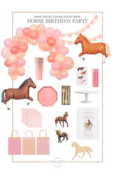 a horse themed birthday party with balloons, horses and other items in pinks and peachs