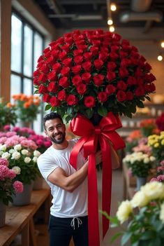 a man holding a large bouquet of red roses in front of his face and smiling at the camera