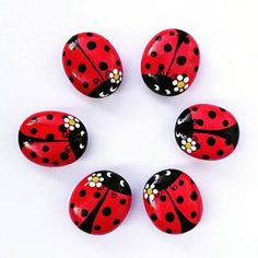 six red ladybugs with white and black dots on them