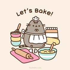 a cat that is sitting in front of some bowls and doughnuts with the words let's bake on it