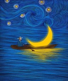 a man sitting on top of a boat in the ocean under a night sky filled with stars