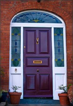 a purple front door with two potted plants on the side and an arched glass window above it