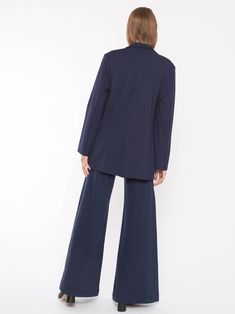 Soft ponte knit fabric creates the perfect "relaxed but chic" look but doesn't wrinkle. An oversized blazer that lives somewhere between meetings and backyard dinners. Self-lined lapels and deep pockets. The perfect piece to pair with our wide or slim leg pant. Classic Solid Color Pantsuit For Fall, Fall Pantsuit With Pressed Crease, Fall Business Casual Pantsuit With Welt Pockets, Fall Single Button Long Sleeve Pantsuit, Fall Long Sleeve Single Button Pantsuit, Fall Business Casual Pantsuit With Lapel Collar, Business Casual Pantsuit With Lapel Collar For Fall, Oversized Notch Lapel Blazer For Business Casual, Oversized Structured Blazer For Business Casual