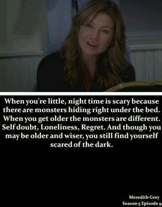 a woman sitting in front of a book with the caption, when you're little, night time is scary because there are monsters hiding under the under the bed