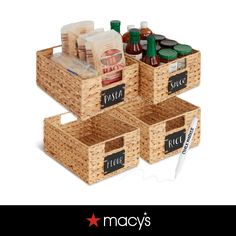 three wicker baskets with labels on them are stacked next to each other and the words macy's written in black