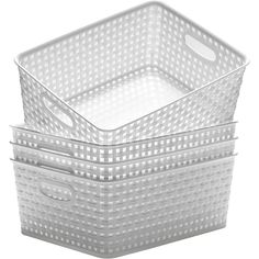 three white plastic baskets stacked on top of each other, one is empty and the other has