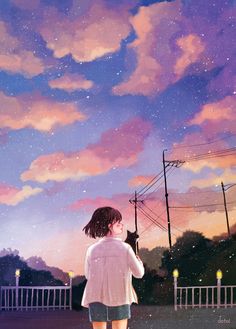 a painting of a girl looking up at the sky