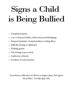 Is Your Child Being Bullied?  Here are some signs to look for. Attention Starved, Bully Prevention, Frequent Headaches, Healthy Children, Low Self Confidence, Narcissism Relationships, Sympathy Quotes, Parenting Teenagers, Stomach Problems