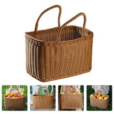 the basket is full of apples and has two handles on each side, with four different pictures