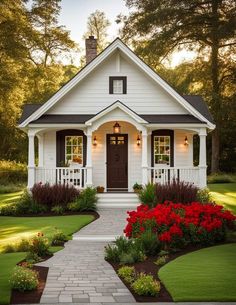 a small white house with red flowers in the front yard and walkway leading up to it